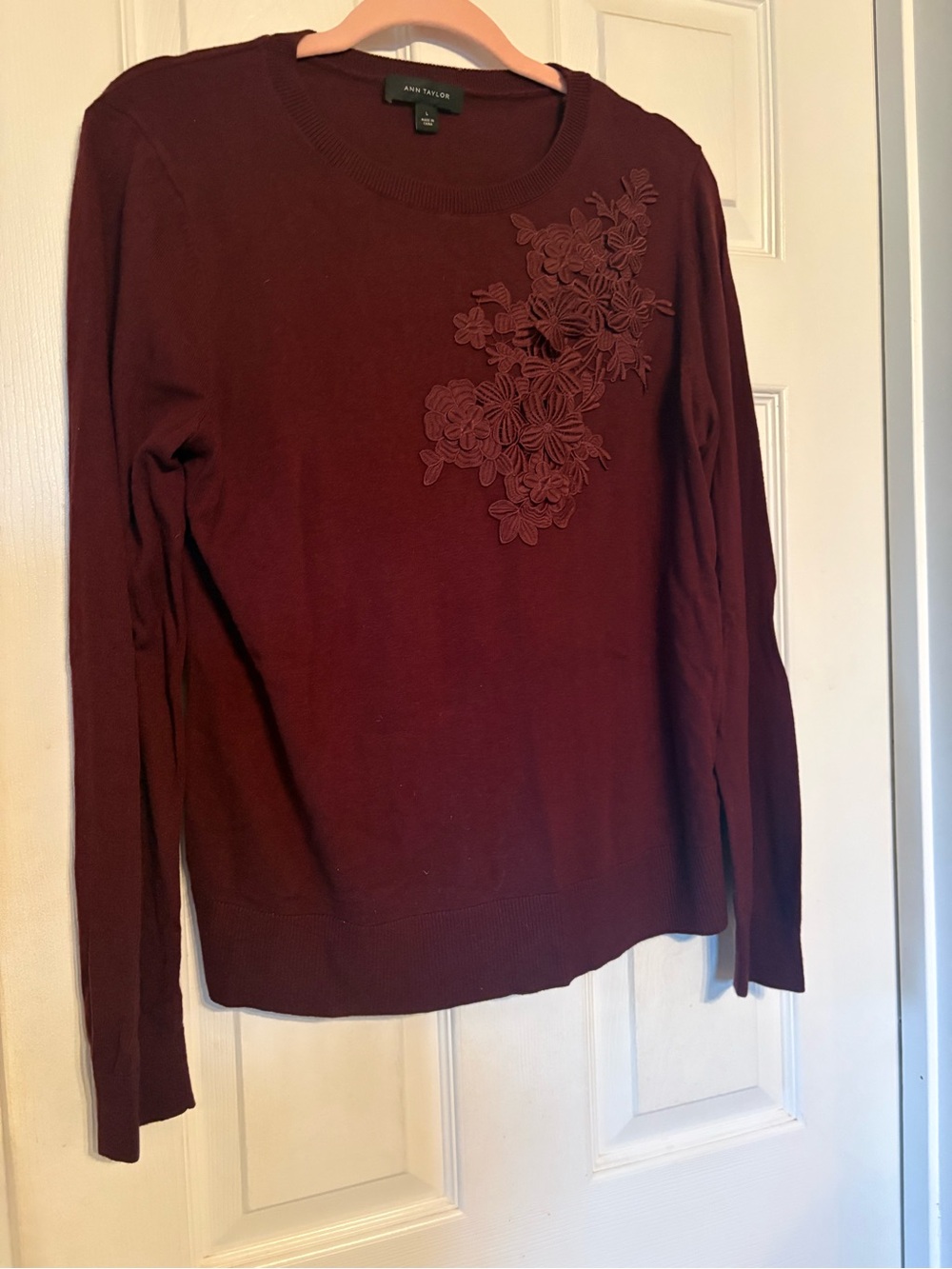 Ann Taylor Burgundy Floral-Applique Crewneck Sweater